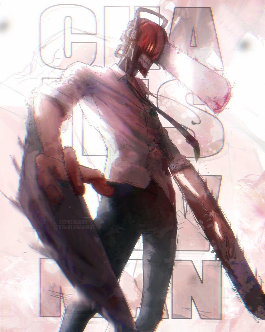 1boy absurdres black_necktie blood blood_from_mouth blood_on_clothes blood_on_weapon chainsaw chainsaw_man chromatic_aberration collared_shirt denji_(chainsaw_man) from_below highres hybrid instagram_username necktie sharp_teeth shirt solo stephengiannart teeth twitter_username weapon white_background white_shirt