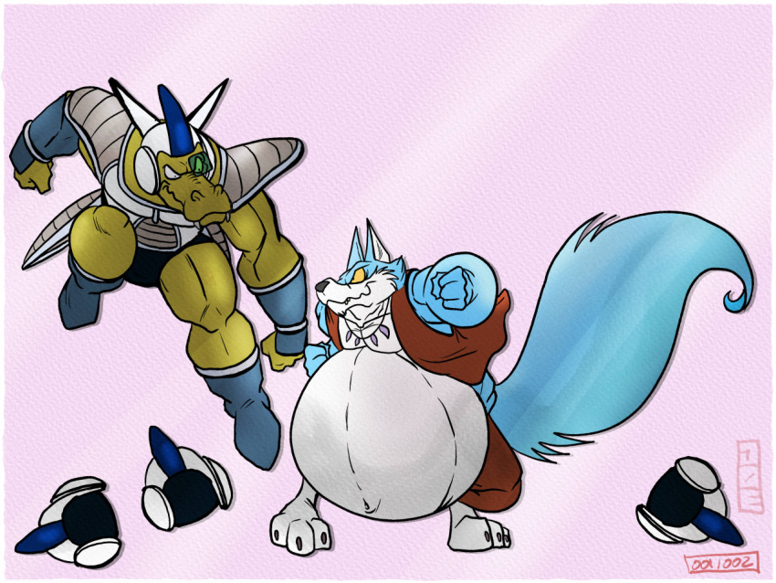after_vore alien anthro armor belly big_belly blue_body blue_fur canid canine canis crocodilian dragon_ball duo fur headgear helmet jewelry male mammal necklace r4c00n reptile same_size_vore scalie vore wolf yellow_body yellow_skin