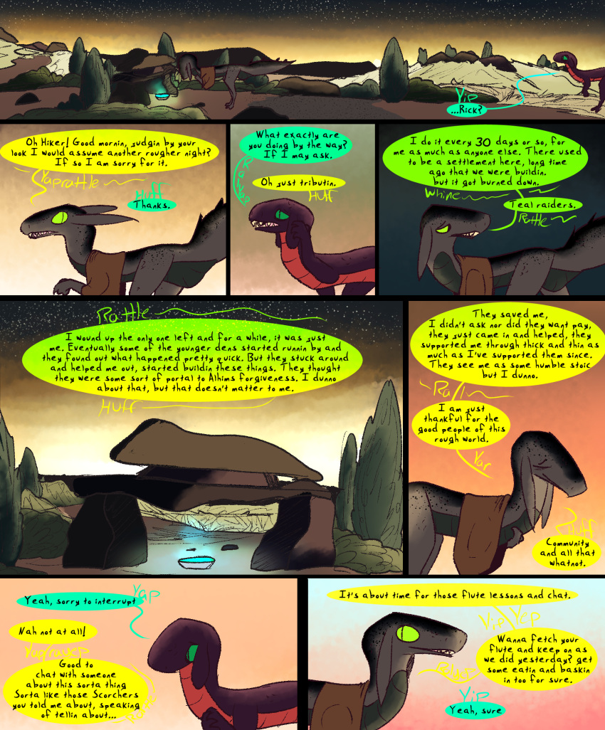 comic desert dinosaur dragon dragonscape drekir dromaeosaurid duo female feral hi_res hiker_(thepatchedragon) male morning post-apocalyptic reptile rick_(thepatchedragon) scalie shrine text thepatchedragon theropod tribal tribal_clothing