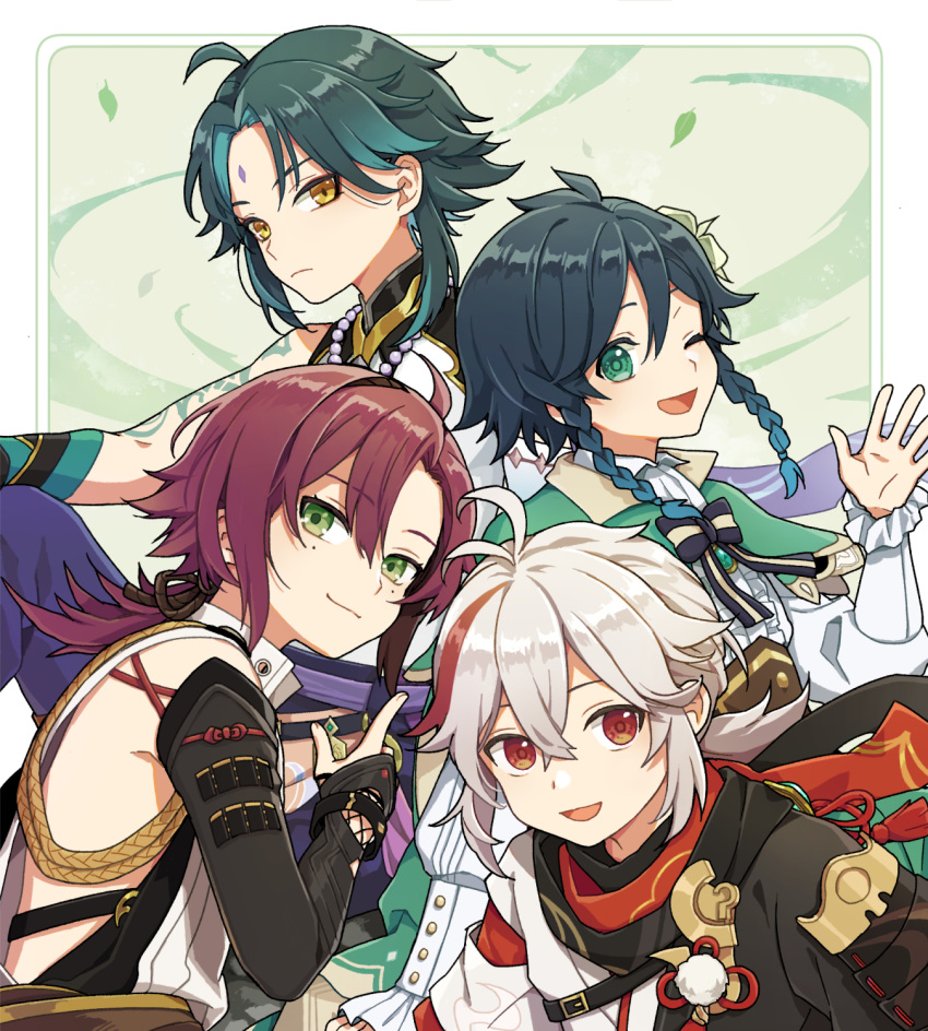 4boys arm_tattoo armor bead_necklace beads black_hair bow bowtie braid closed_mouth facial_mark forehead_mark genshin_impact gradient_hair green_eyes green_hair hair_between_eyes highres japanese_armor japanese_clothes jewelry kaedehara_kazuha long_hair long_sleeves male_focus mole mole_under_eye multicolored_hair multiple_boys necklace one_eye_closed open_mouth red_eyes red_hair shikanoin_heizou shirataki_nako short_hair smile streaked_hair tattoo twin_braids venti_(genshin_impact) white_hair xiao_(genshin_impact) yellow_eyes