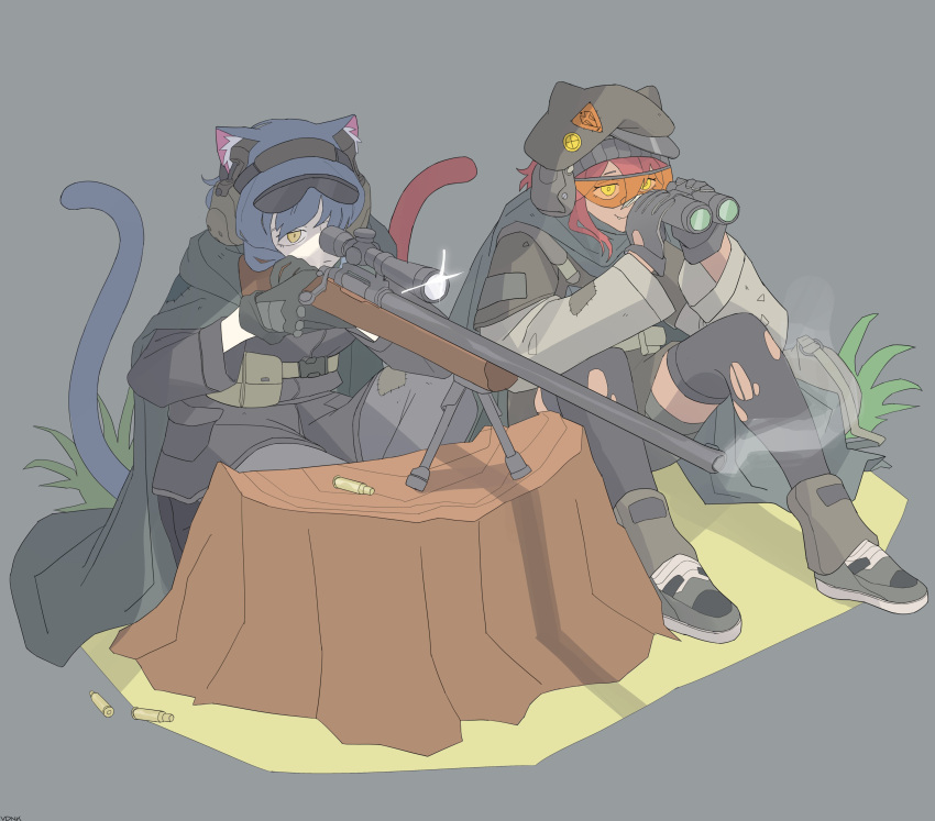 19vodnik 2girls absurdres ammunition_pouch animal_ears beret binoculars bipod cat_ears cat_girl cat_tail cloak ear_protection glasses glint gloves grass gun hat highres holding holding_weapon multiple_girls original pouch rifle sitting smoke smoking_gun sniper_rifle tail tree_stump weapon