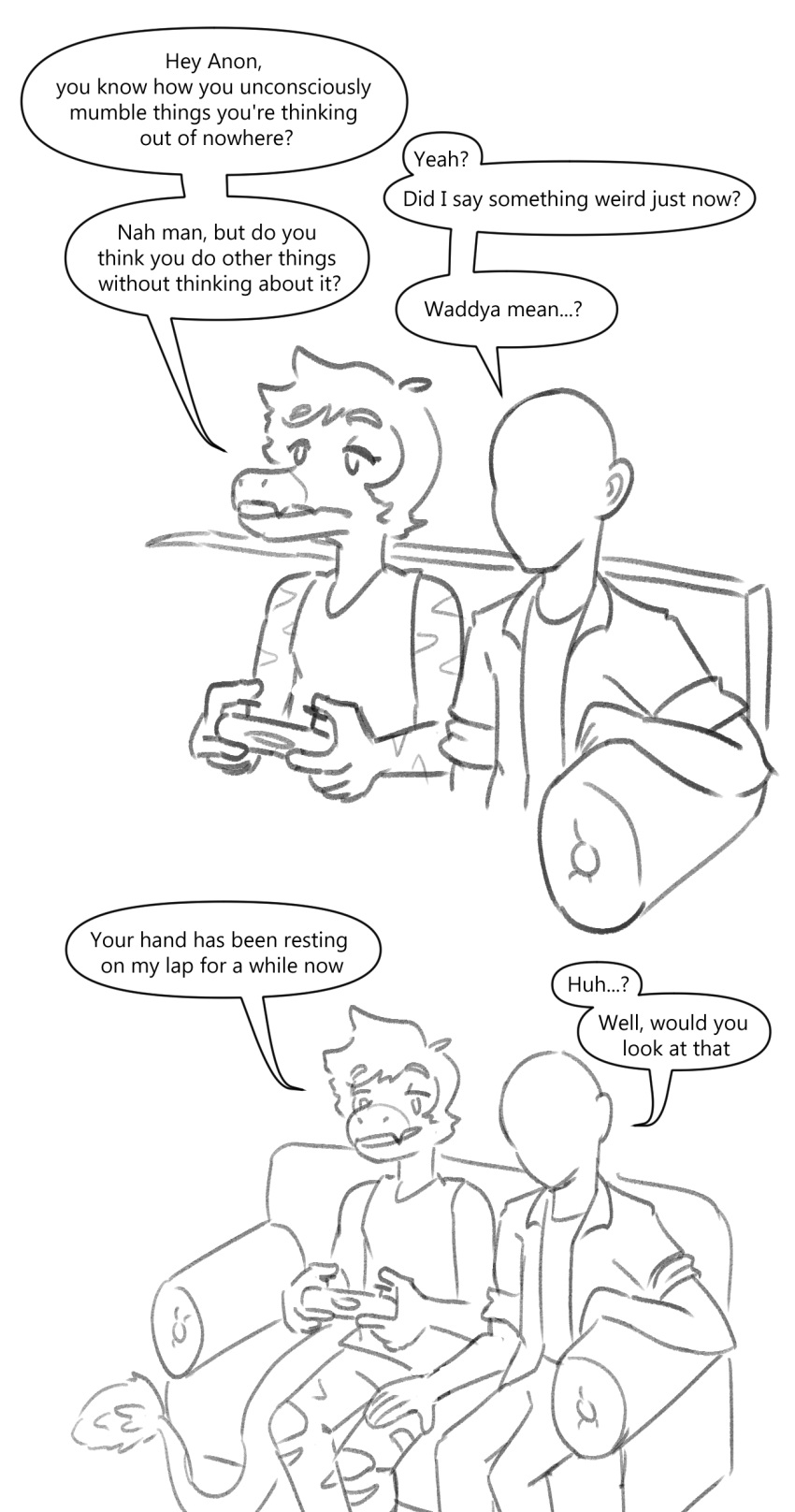 absurd_res anon_(snoot_game) anthro bald bottomwear clothed clothing comic controller dialogue dinosaur dromaeosaurid duo english_text feathered_tail feathers featureless_face furniture game_controller gaming goodbye_volcano_high hair hi_res human long_snout male mammal markings monochrome open_mouth pants raidak5 reed_(gvh) reptile scalie sitting sketch snoot_game_(fan_game) snout sofa speech_bubble text theropod torn_bottomwear torn_clothing torn_pants velociraptor video_games