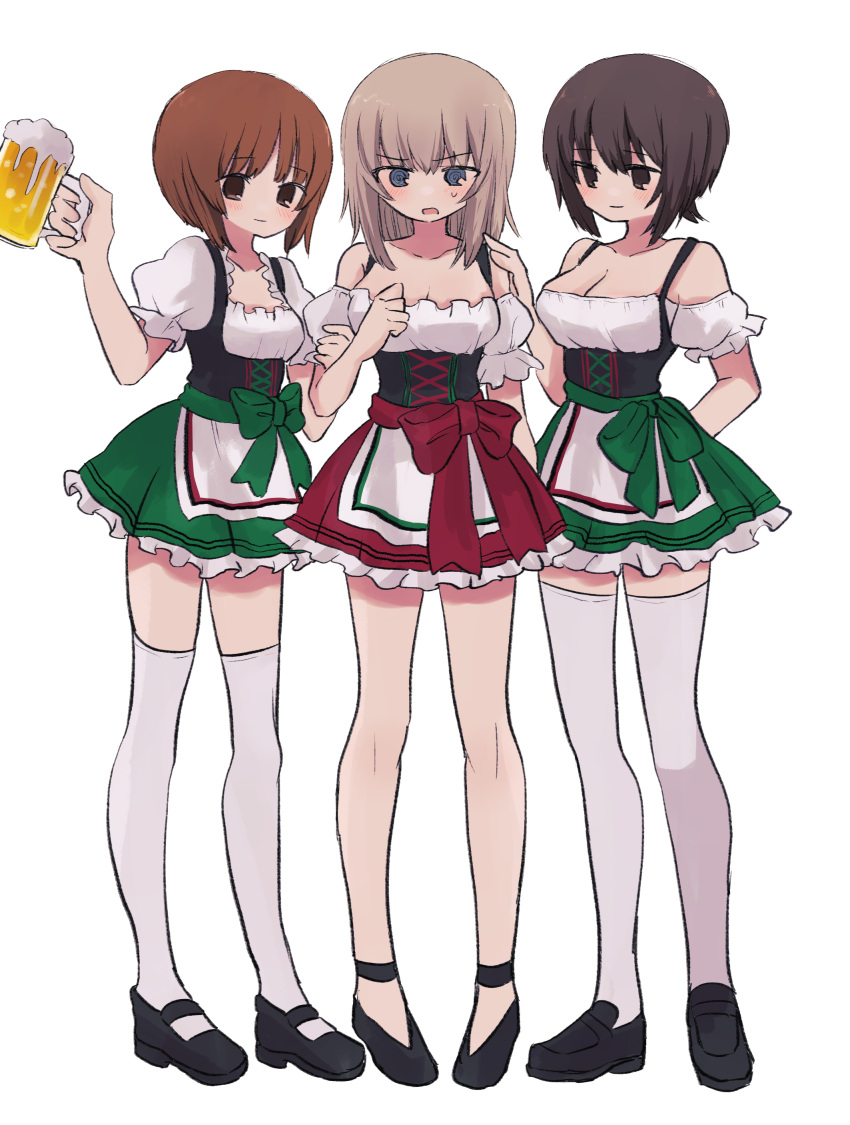 3girls absurdres alcohol ankle_strap arms_behind_back bangs beer beer_mug blue_eyes blush breasts brown_eyes brown_hair character_request check_character cleavage cup dirndl dress frown german_clothes girls_und_panzer grey_hair highres holding holding_another's_arm holding_cup itsumi_erika large_breasts loafers mary_janes mug multiple_girls nishizumi_maho nishizumi_miho off-shoulder_dress off_shoulder puffy_short_sleeves puffy_sleeves ri_(qrcode) shoes short_sleeves smile sweat thighhighs underbust v-shaped_eyebrows