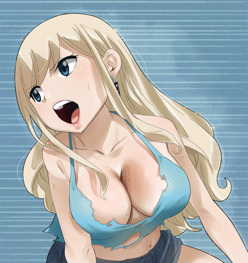 1girl blonde_hair blue_eyes breasts cleavage earrings eden's_zero gaston18 highres jewelry large_breasts long_hair navel open_mouth rebecca_bluegarden simple_background torn_clothes
