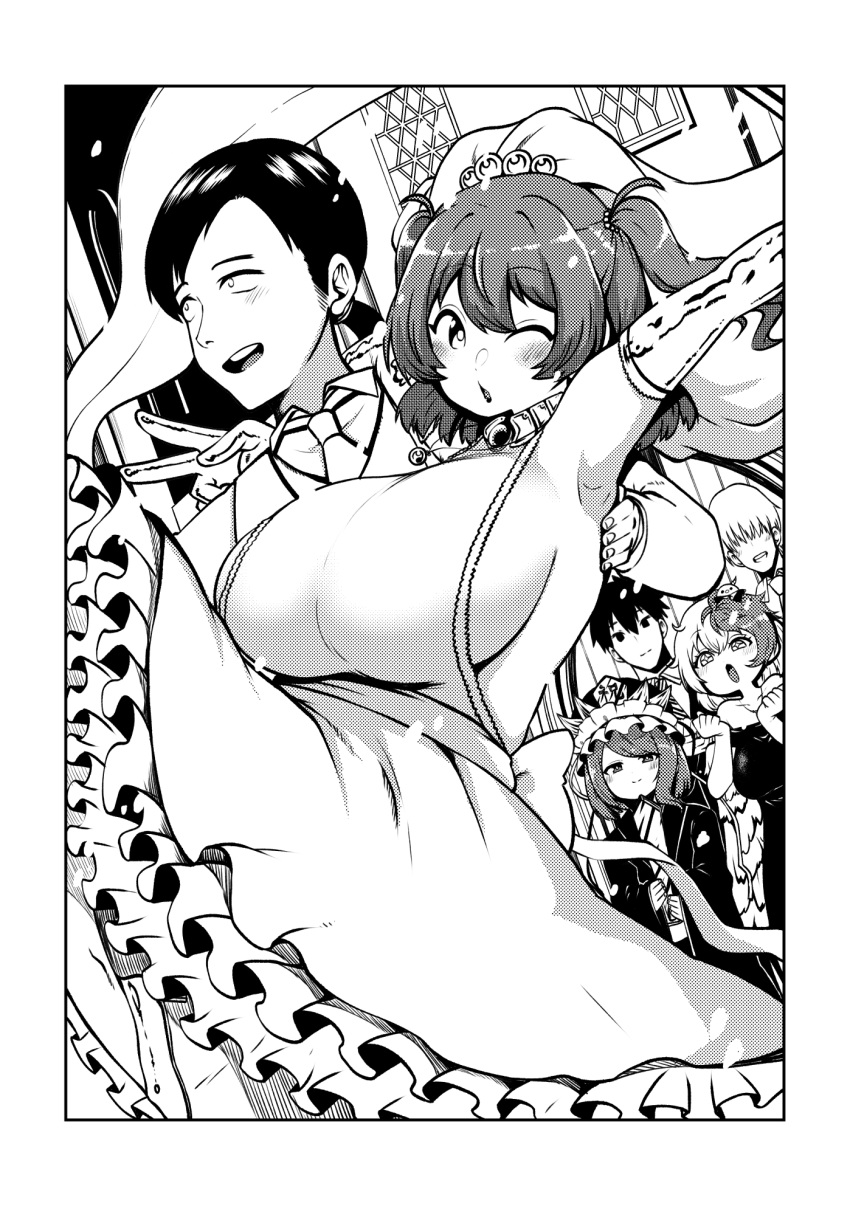 3boys 3girls alternate_costume animal_on_head armpits bangs bird bird_on_head blazer blush breasts bridal_veil carrying chick closed_mouth commentary_request dress feet_out_of_frame flat_chest frilled_dress frilled_hat frills greyscale hair_over_eyes hat hetero highres himajin_noizu huge_breasts husband_and_wife jacket large_breasts looking_at_another looking_at_viewer monochrome multiple_boys multiple_girls necktie niwatari_kutaka on_head one_eye_closed onozuka_komachi open_mouth princess_carry rod_of_remorse shiki_eiki sideboob smile touhou two_side_up veil wedding wedding_dress