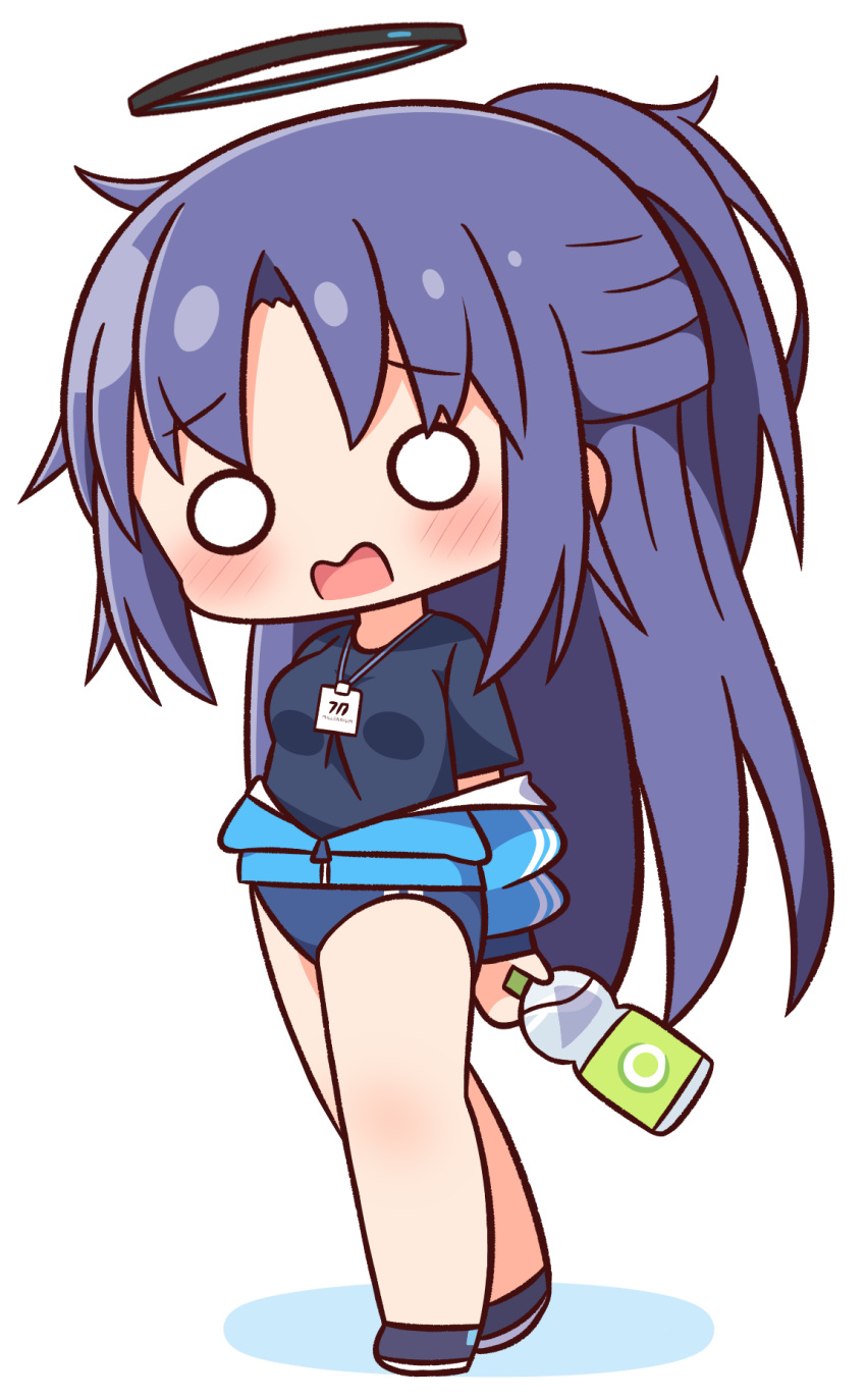 1girl bangs black_footwear black_shirt blue_archive blue_buruma blue_jacket blush bottle breasts buruma chibi colored_shadow full_body halo hana_kazari highres holding holding_bottle jacket lanyard long_hair long_sleeves looking_at_viewer o_o off_shoulder open_clothes open_jacket open_mouth parted_bangs ponytail puffy_long_sleeves puffy_sleeves purple_hair shadow shirt shoes simple_background small_breasts solo standing track_jacket very_long_hair water_bottle wavy_mouth white_background yuuka_(blue_archive) yuuka_(gym_uniform)_(blue_archive)