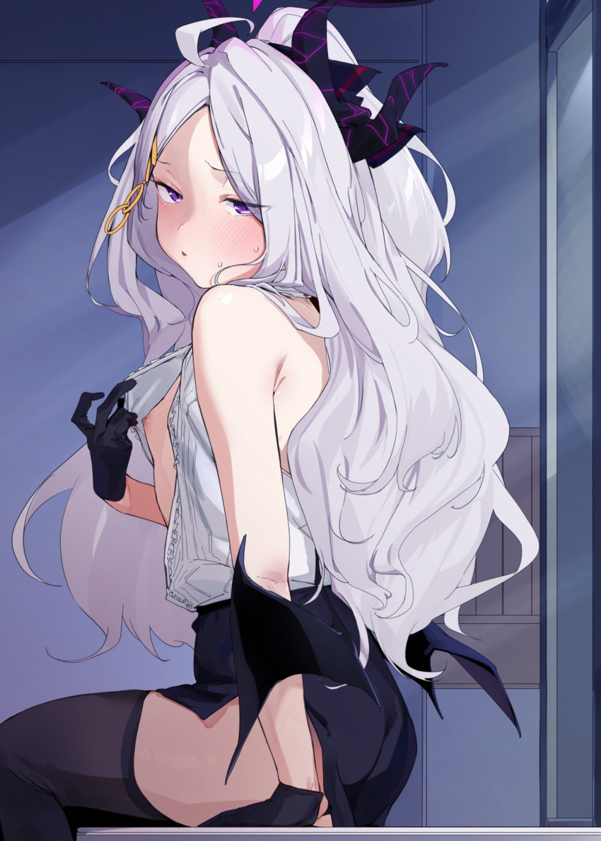 1girl ahoge black_gloves black_skirt black_thighhighs blue_archive blush breasts feet_out_of_frame flashing gloves grey_hair hair_ornament hairclip highres hina_(blue_archive) horns long_hair looking_at_viewer looking_to_the_side low_wings miniskirt nipples open_clothes open_shirt parted_lips purple_eyes shirt shirt_tucked_in side_slit sitting skirt sleeveless sleeveless_shirt small_breasts solo sweat thighhighs uno_ryoku wings