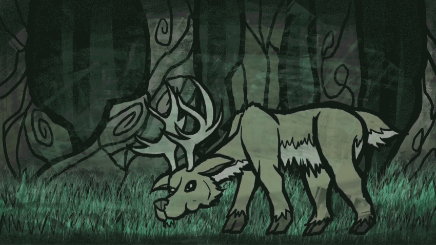 animated bleak_ambiance body_horror cervid deidad_dissitum eating_grass feral fetlocks forest frame_by_frame grass green_body horn horror_(theme) jumpscare looking_at_viewer male mammal multi_eye plant scary solo teeth tree what_has_science_done white_eyes