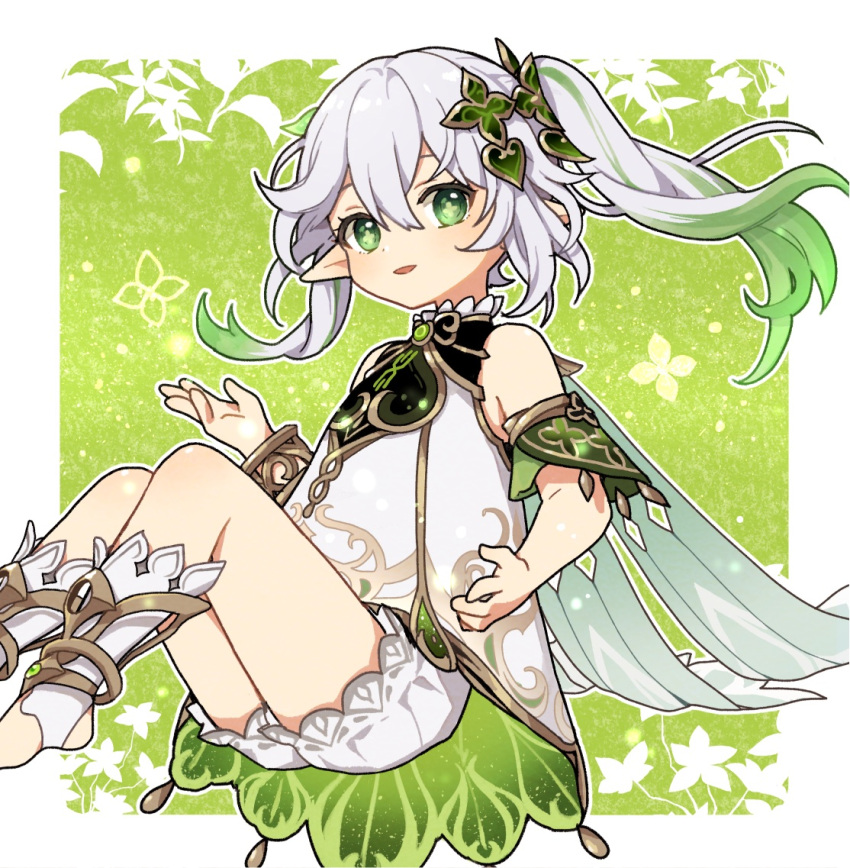 1girl cape commentary dress genshin_impact green_cape green_eyes green_hair hair_ornament long_hair multicolored_hair nahida_(genshin_impact) pointy_ears ponytail shirataki_nako shorts side_ponytail solo symbol-shaped_pupils white_dress white_footwear white_hair white_shorts