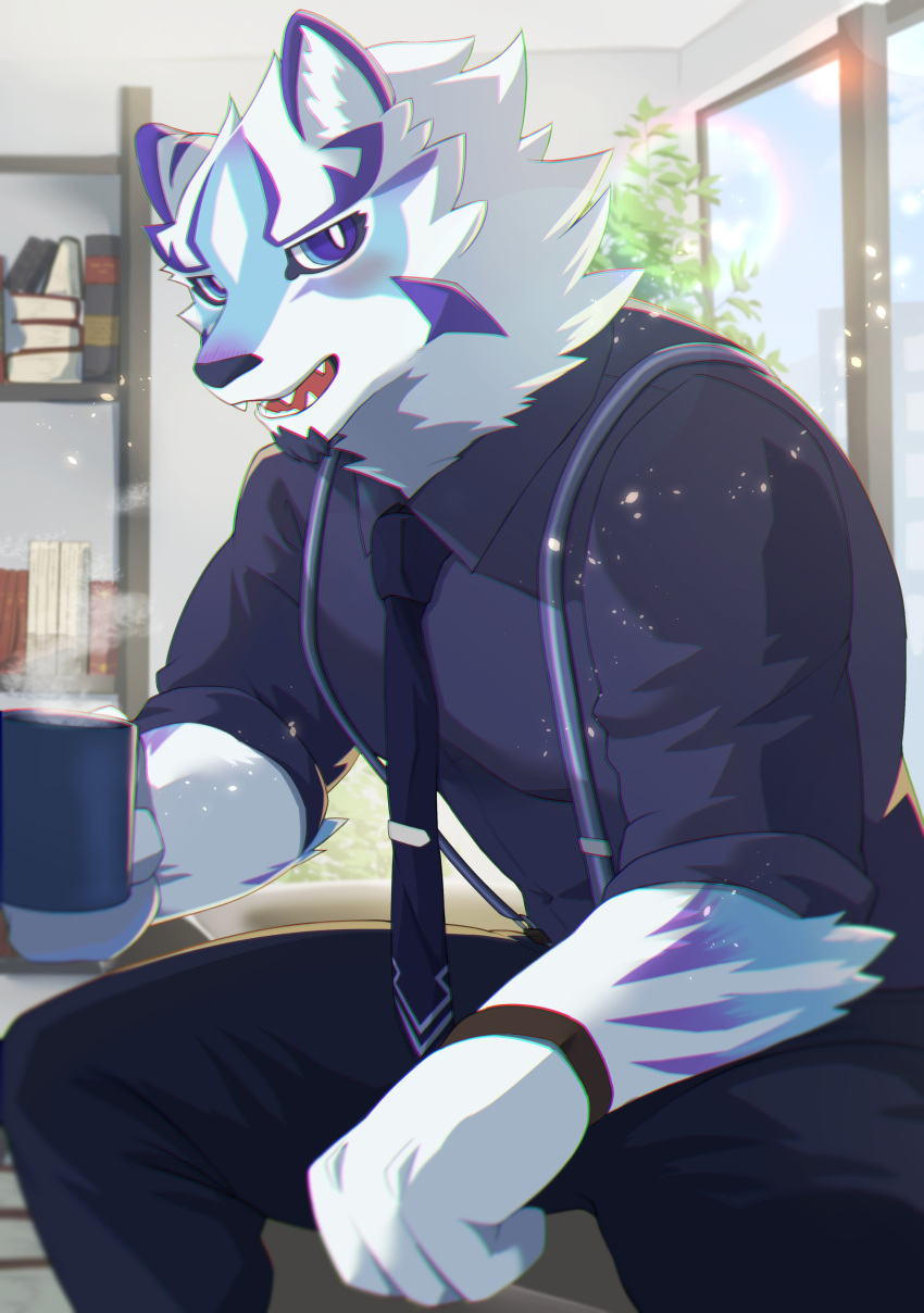 absurd_res anthro beverage blue_eyes blush bracelet canid canine canis clothing coffee coffee_mug domestic_dog dress_shirt facial_markings fur head_markings hi_res jewelry kouga0225 lifewonders live-a-hero male mammal markings necktie sadayoshi shirt solo suspenders topwear video_games white_body white_fur