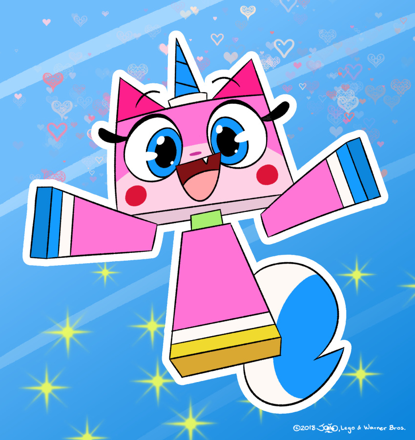 &lt;3 2018 arms_out blue_eyes digital_media_(artwork) domestic_cat eyebrows eyelashes felid feline felis female feral hi_res horn joaoppereiraus lego looking_at_viewer mammal open_mouth open_smile pink_body signature smile solo star the_lego_movie two_tone_tail unikitty unikitty!