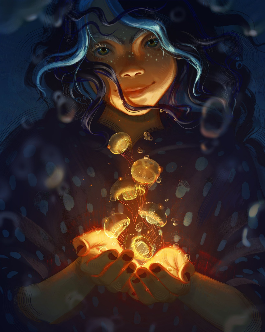 1girl black_hair blue_hair bubble colored_eyelashes devin_elle_kurtz glowing highres jellyfish looking_at_viewer multicolored_eyes multicolored_hair original own_hands_together red_nails shirt smile streaked_hair upper_body