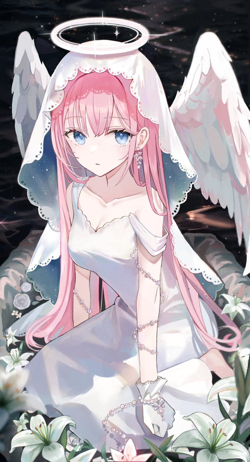 1girl absurdres bangs bare_shoulders blue_eyes breasts cleavage commentary dress earrings english_commentary feathered_wings flower hair_between_eyes halo highres iren_lovel jewelry long_hair medium_breasts original pink_hair revision sleeveless sleeveless_dress solo strap_slip veil very_long_hair white_dress white_flower white_wings wings