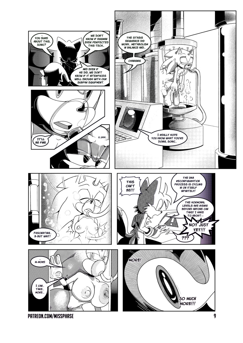 absurd_res against_surface anthro big_breasts breasts breasts_on_glass canid canine comic dialogue duo eulipotyphlan fox gender_transformation genitals hedgehog hi_res male mammal miles_prower missphase monochrome mtf_transformation nipples nude on_glass pussy sega sonic_the_hedgehog sonic_the_hedgehog_(series) transformation