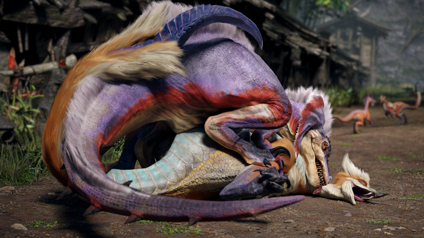 16:9 2022 3d_(artwork) 4k absurd_res bird_wyvern capcom claws detailed_background digital_media_(artwork) dinosaur dominant dominant_male duo eye_contact fangs feral fluffy fluffy_tail forked_tongue frill_(anatomy) fur grass great_izuchi hair head_crest head_frill hi_res imminent_sex ivorylagiacrus izuchi jaggi licking looking_at_another looking_at_partner lying male male/male male_(lore) membrane_(anatomy) membranous_frill monster_hunter multicolored_body multicolored_scales neck_lick on_back on_ground on_top open_mouth orange_body orange_eyes orange_fur orange_scales outside plant pubic_boot purple_body purple_scales red_body red_scales reptile ruins scales scalie sharp_claws sharp_tail sharp_teeth shrine size_difference spikes spread_legs spreading submissive submissive_male tail_tuft teeth theropod thick_thighs tongue tongue_out tuft video_games white_body white_fur white_scales widescreen yellow_sclera