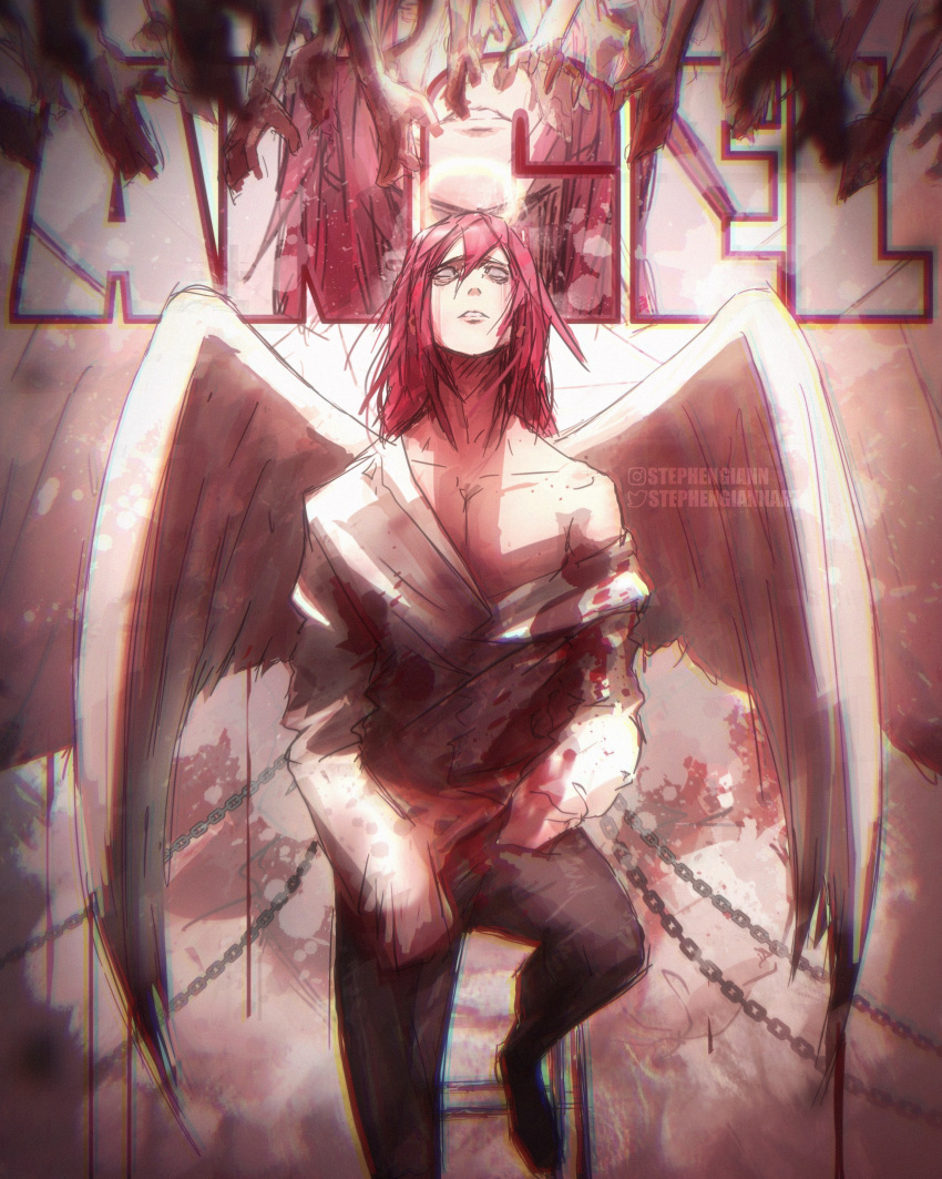 1boy absurdres angel_devil_(chainsaw_man) angel_wings blank_eyes blood blood_on_clothes blood_on_hands bloody_wings chain chainsaw_man chromatic_aberration collared_shirt crying disembodied_limb halo highres instagram_username long_hair looking_up messy_hair midair red_hair shirt shirt_partially_removed solo stephengiannart twitter_username white_shirt white_wings wings