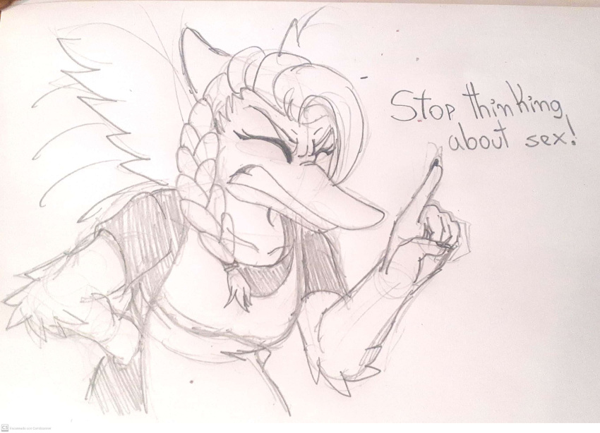 anthro apron black_nails braided_hair clothed clothing colored_nails dinosaur english_text eyes_closed feathered_wings feathers female hair hi_res loansharkmann monochrome nails pterodactylus pterosaur reptile samantha_(snoot_game) scalie sharp_nails sketch snoot_game_(fan_game) solo stop_thinking_about_sex text traditional_media_(artwork) video_games wings
