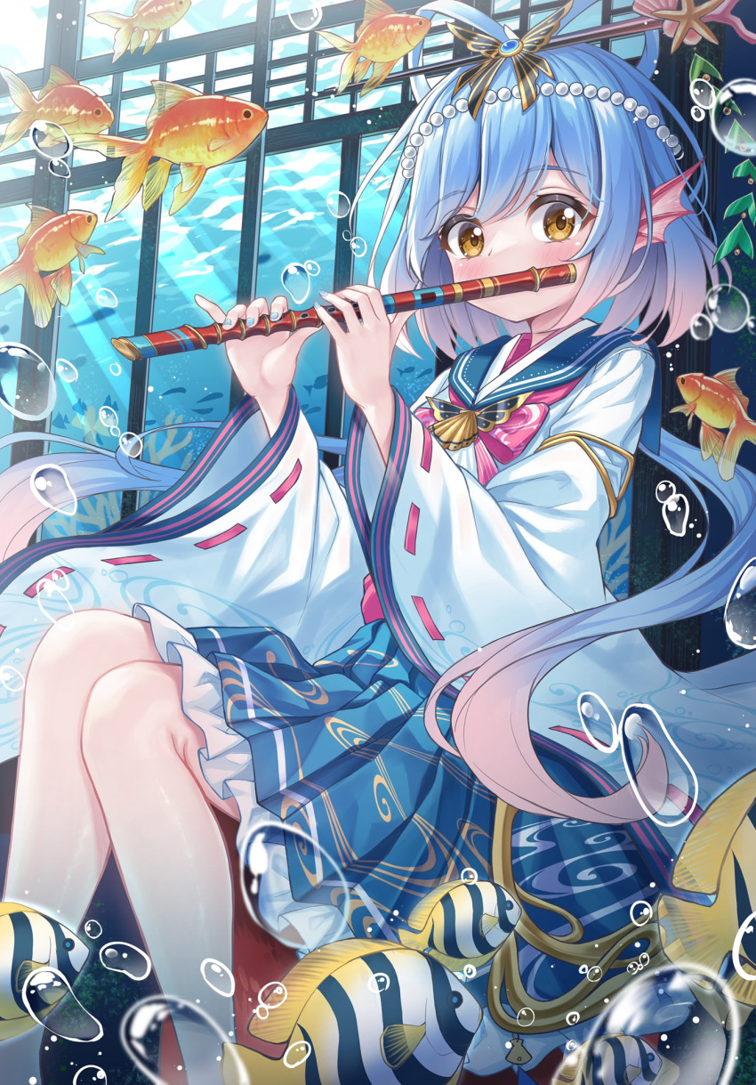 1girl animal_ears blue_hair blush bow bubble detached_sleeves fish flute hair_ornament hakama hakama_skirt head_fins highres holding holding_instrument indoors instrument japanese_clothes long_hair long_sleeves looking_at_viewer miko multicolored_hair music nontraditional_miko original pink_hair playing_instrument shirt sitting skirt two-tone_hair tyutaka0427 underwater wide_sleeves yellow_eyes