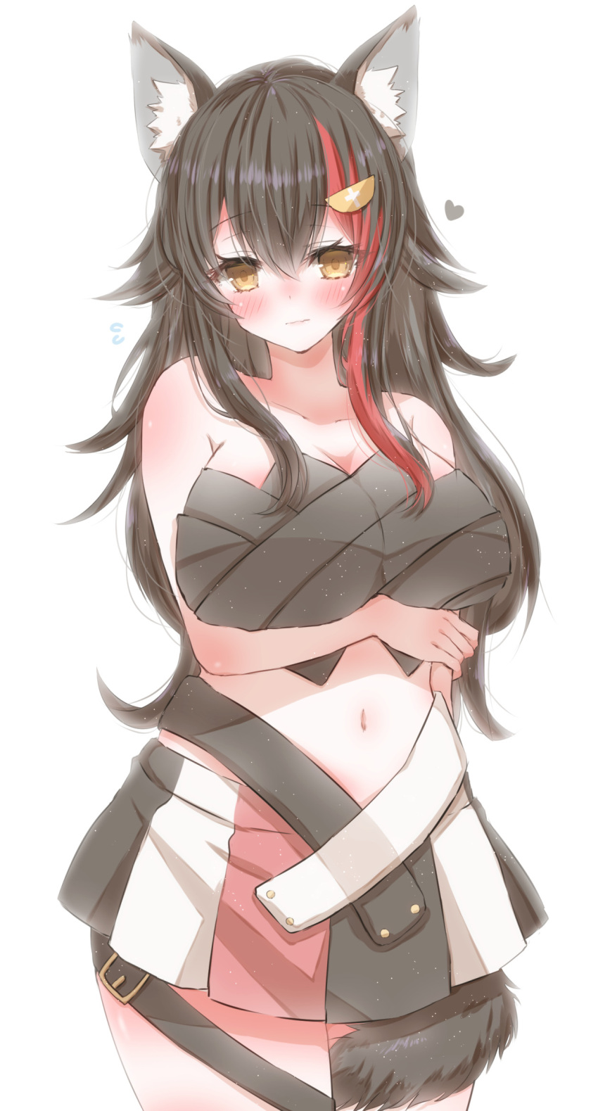 1girl animal_ear_fluff animal_ears bangs black_bra black_hair blush bra breast_lift breasts commentary_request commission cosplay hair_between_eyes hair_ornament hairclip hakos_baelz hakos_baelz_(cosplay) heart highres hiro_(hirohiro31) hololive huge_breasts long_hair looking_at_viewer midriff navel ookami_mio plaid plaid_skirt red_hair sidelocks simple_background skeb_commission skirt solo strapless strapless_bra tail tail_around_leg underwear virtual_youtuber wavy_mouth white_background wolf_ears wolf_girl wolf_tail yellow_eyes