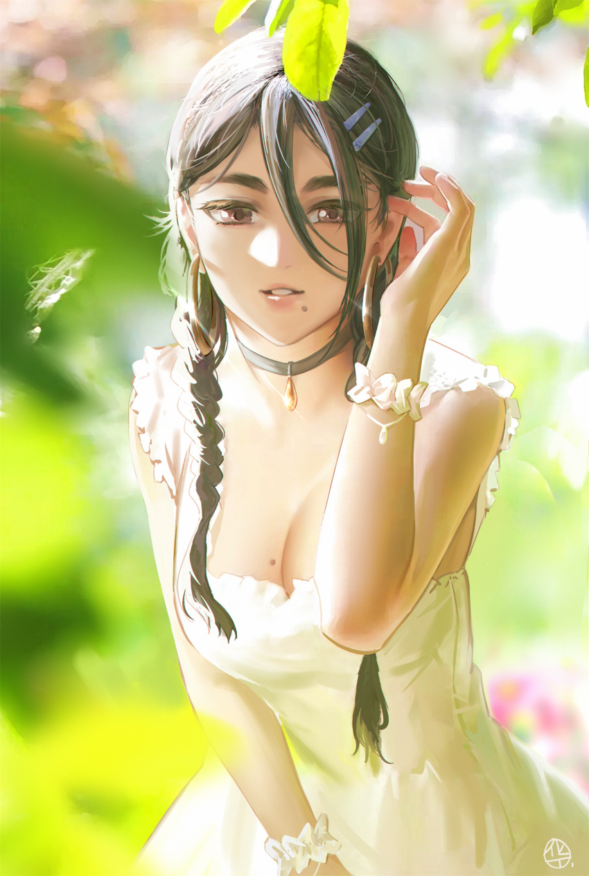 1girl black_hair braid breasts cleavage earrings hair_ornament hairclip highres hoop_earrings hua-j jewelry large_breasts long_hair mole mole_on_breast mole_under_mouth original solo tree twin_braids