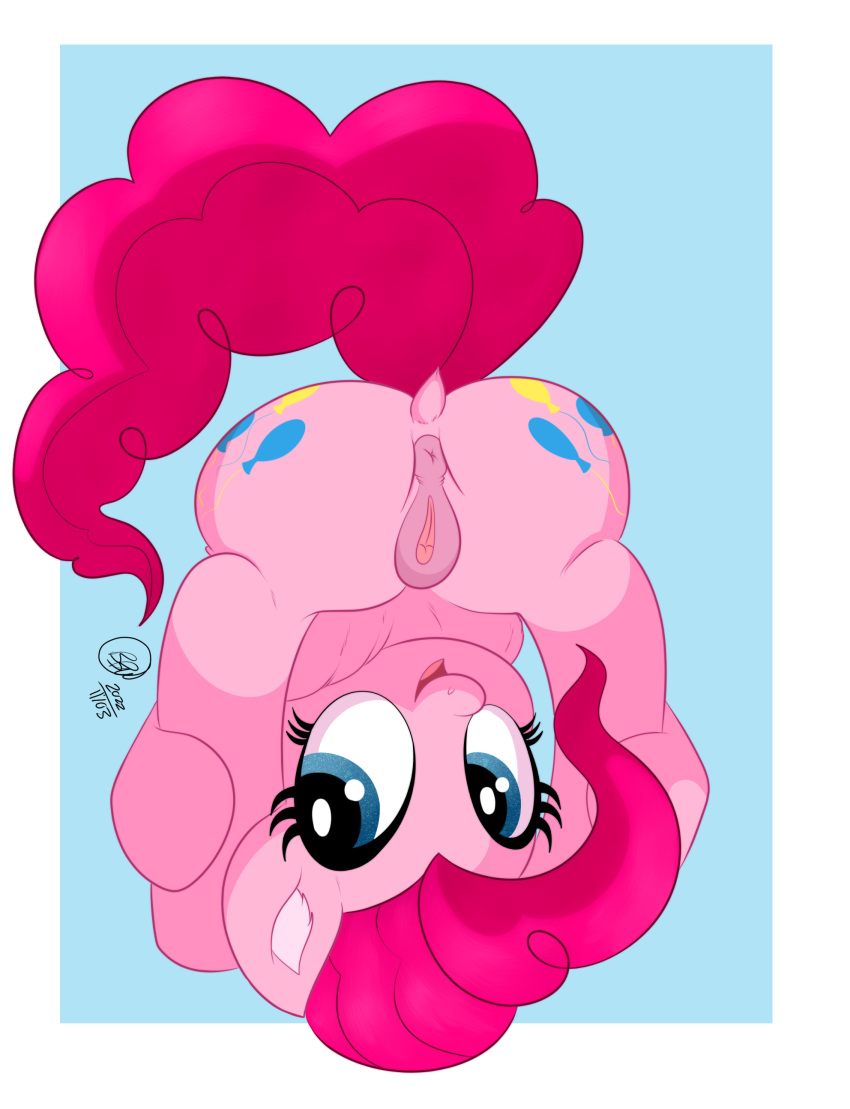 2022 absurd_res anatomically_correct anatomically_correct_genitalia anatomically_correct_pussy animal_genitalia animal_pussy anus big_butt big_clitoris blue_eyes bunbunmuffins butt clitoral_winking clitoris cutie_mark digital_media_(artwork) dock earth_pony equid equine equine_pussy eyelashes female feral friendship_is_magic genitals hair happy hasbro hi_res horse mammal my_little_pony open_mouth open_smile pink_anus pink_body pink_hair pink_pussy pink_tail pinkie_pie_(mlp) pony pussy raised_tail signature smile upside_down