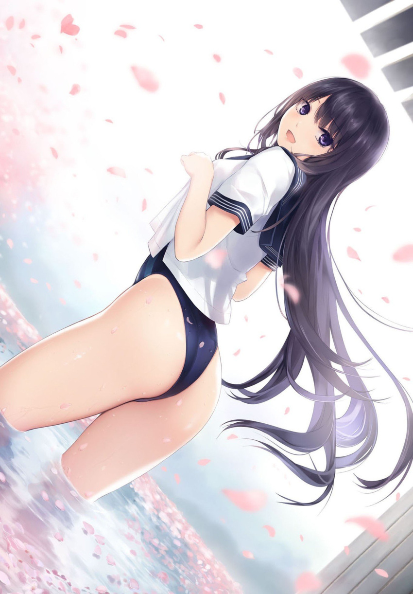 1girl ass black_one-piece_swimsuit black_sailor_collar cherry_blossoms coffee-kizoku cowboy_shot dutch_angle from_behind highleg highleg_swimsuit highres looking_at_viewer looking_back original petals sailor_collar school_uniform serafuku shiramine_rika smile solo swimsuit swimsuit_under_clothes wading water