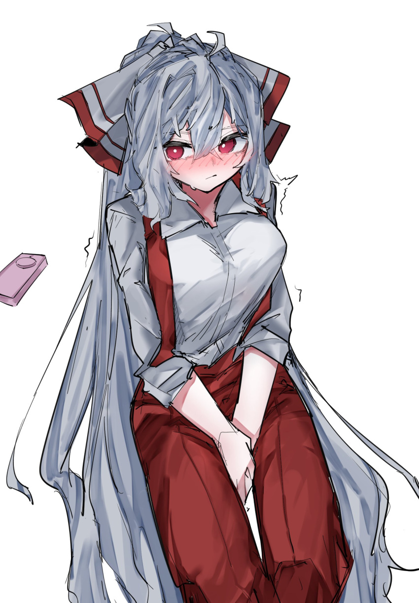 1girl ahoge baggy_pants between_legs blush bow breasts closed_mouth collared_shirt feet_out_of_frame fujiwara_no_mokou grey_hair hair_bow hand_between_legs hands_on_own_crotch highres large_breasts long_hair long_sleeves looking_to_the_side messy_hair nose_blush pants red_eyes red_pants remote_control_vibrator sex_toy shirt sidelocks suspenders touhou trembling very_long_hair vibrator vivo_(vivo_sun_0222) white_background white_bow white_shirt