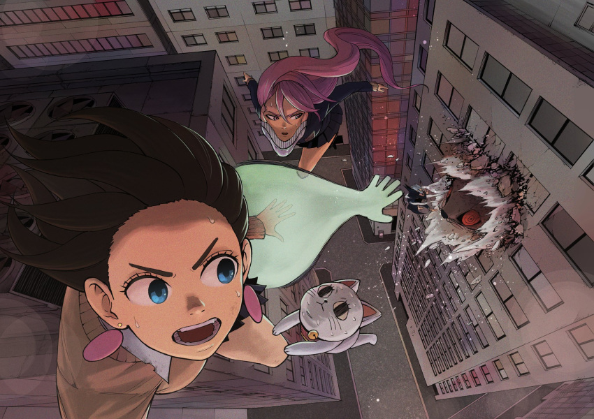 1boy 3girls acrobatic_silky_(dandadan) aira_shiratori_(dandadan) ayase_momo black_jacket blue_eyes brown_hair brown_sweater building cat dandadan debris destruction floating gakuran ghost_hands hanging highres jacket long_hair looking_to_the_side lower_teeth midair multiple_girls open_mouth pink_hair popped_collar prehensile_hair ryutaro_masuya_(masuya0403) school_uniform short_hair skirt sweat sweater sweater_vest takakura_ken_(dandadan) teeth turbo_granny very_long_hair wall_crash white_hair