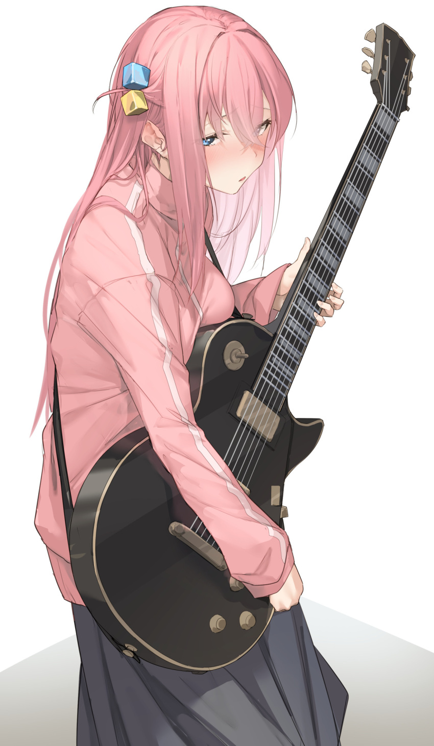 1girl blue_eyes bocchi_the_rock! gotou_hitori guitar hair_between_eyes hair_cubes hair_ornament highres holding holding_instrument instrument jacket long_hair long_sleeves open_mouth pallad pink_hair pink_jacket simple_background white_background