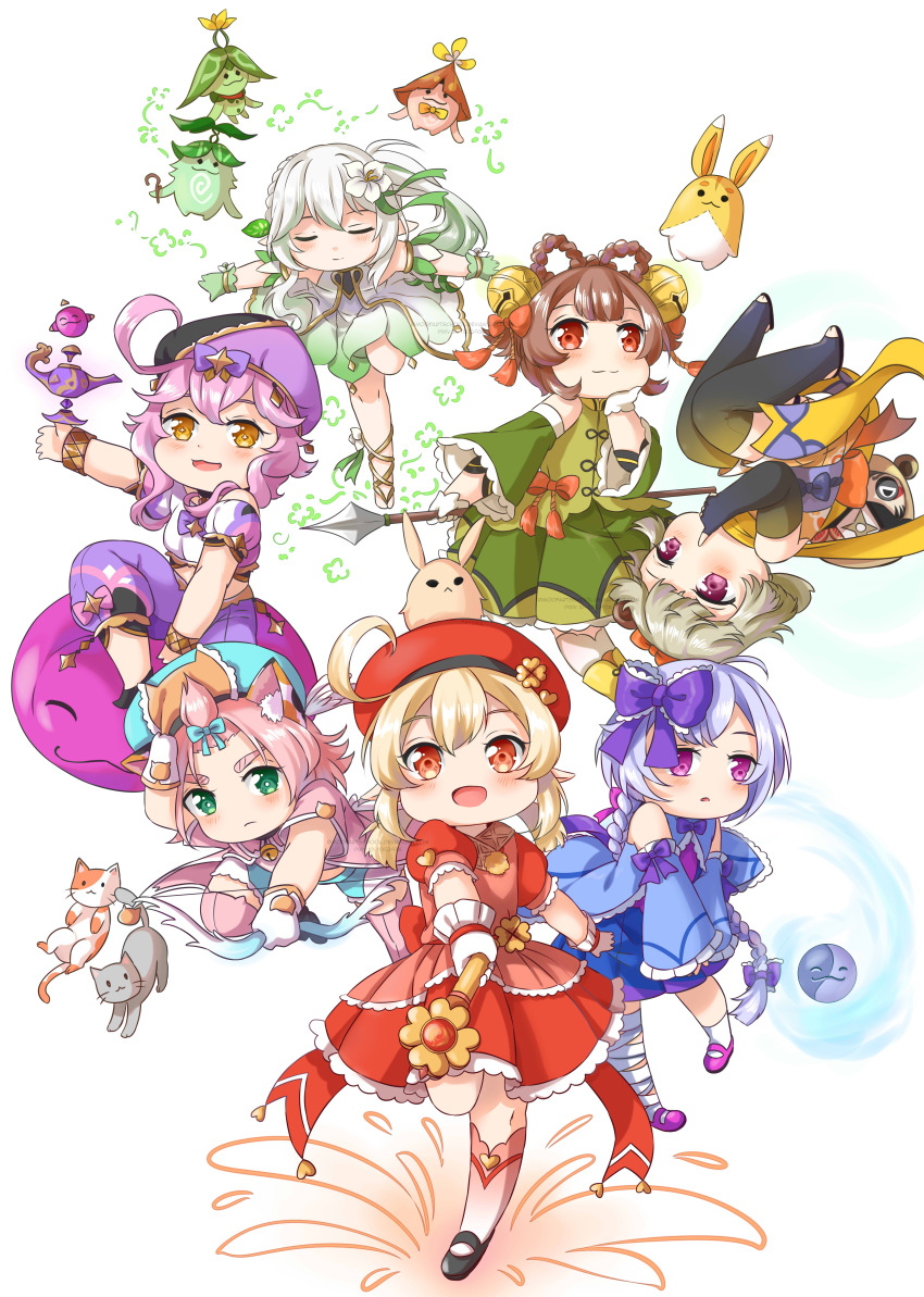 6+girls :d absurdres ahoge alternate_costume animal_ears aranara_(genshin_impact) bangs bangs_pinned_back bell bow bow_(weapon) braid brown_eyes brown_hair candy_rimo cat cat_ears cat_girl chibi chinese_clothes clover_print commentary daruma_doll detached_sleeves diona_(genshin_impact) dodoco_(genshin_impact) dori_(genshin_impact) english_commentary flower forehead genshin_impact gradient_hair green_eyes grey_hair hair_bell hair_between_eyes hair_bow hair_flower hair_ornament hair_ribbon hat hat_ornament highres holding holding_bow_(weapon) holding_polearm holding_wand holding_weapon japanese_clothes jinni_(genshin_impact) klee_(genshin_impact) light_brown_hair long_hair long_sleeves looking_at_viewer low_ponytail low_twintails magical_girl muji-muji_daruma_(genshin_impact) multicolored_hair multiple_girls nahida_(genshin_impact) ninja oil_lamp orange_eyes orb parted_lips pink_hair pointy_ears polearm purple_eyes purple_hair qiqi_(genshin_impact) rabbit ribbon riding sayu_(genshin_impact) short_hair short_hair_with_long_locks short_sleeves side_ponytail sidelocks single_braid sitting smile spear standing standing_on_one_leg symbol-shaped_pupils thick_eyebrows twintails upside-down wand weapon white_background white_hair wide_sleeves yaoyao_(genshin_impact) yellow_eyes yin_yang yin_yang_orb