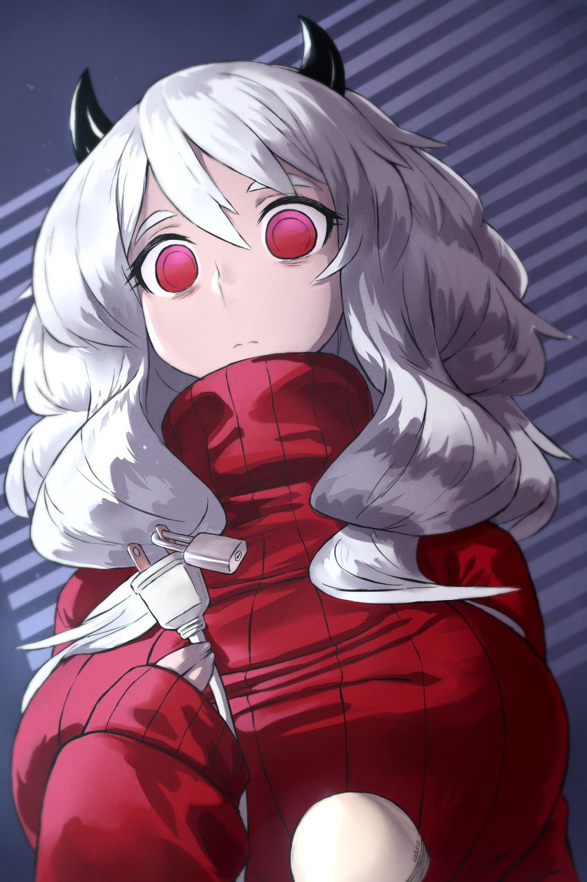 1girl bangs black_horns breasts cable demon_girl demon_horns frown grey_hair haraya_manawari helltaker highres holding horns large_breasts lock long_hair long_sleeves modeus_(helltaker) red_eyes red_sweater sex_toy shiny shiny_hair solo sweater