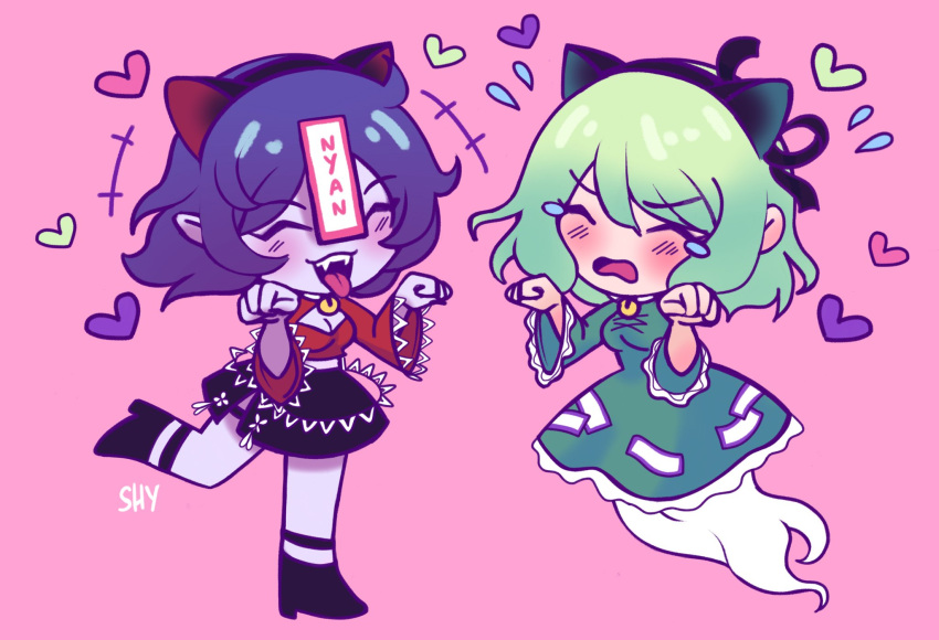 +++ 2girls animal_ears bangs black_footwear black_skirt blush breasts cat chibi cleavage cleavage_cutout closed_eyes clothing_cutout commentary crop_top dress english_commentary expressive_clothes fake_animal_ears fangs frilled_sleeves frills full_body ghost_tail green_dress green_hair heart highres jiangshi lace-trimmed_sleeves lace_trim medium_breasts miyako_yoshika multiple_girls ofuda ofuda_on_clothes open_mouth pale_skin paw_pose purple_hair red_shirt shirt short_hair shygardeneel skirt smile soga_no_tojiko tongue tongue_out touhou wide_sleeves