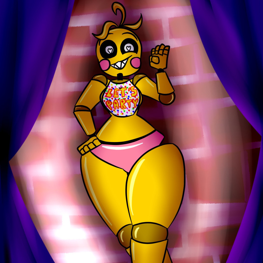 &lt;3 &lt;3_eyes animatronic anthro avian ball_joints bib bird black_sclera brick_wall chicken clothing curtains doll_joints female five_nights_at_freddy's five_nights_at_freddy's_2 galliform gallus_(genus) hand_on_hip head_feathers head_tuft hi_res ima_thing looking_at_viewer machine panties phasianid pink_clothing pink_panties pink_underwear robot rosy_cheeks scottgames sharp_teeth smile solo teeth thick_thighs toy_chica_(fnaf) tuft underwear video_games wall_(structure) white_eyes wide_hips yellow_body