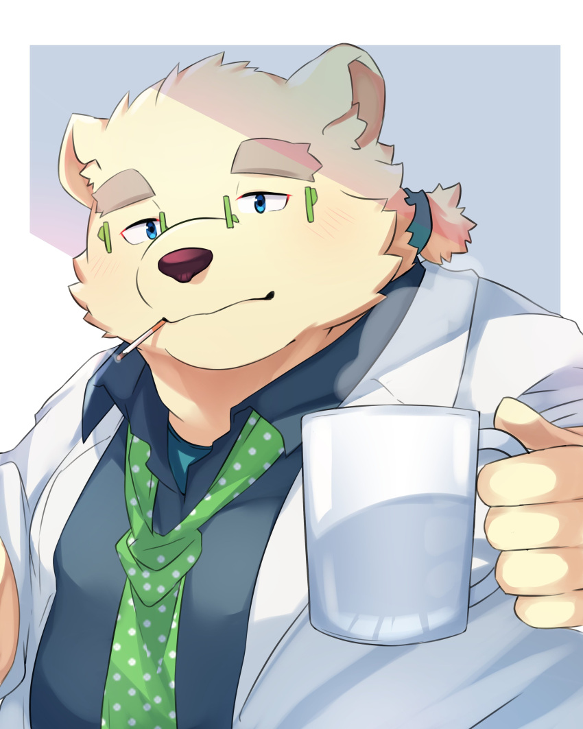 1boy absurdres animal_ears animal_nose bara bear_boy bear_ears blue_eyes border cigarette collared_shirt commentary_request cup furry furry_male glasses green-framed_eyewear green_necktie grey_background hand_up highres holding holding_cup leib_(housamo) male_focus mature_male mug necktie outside_border pig_p0318 plump polka_dot_necktie shirt smile snout solo thick_eyebrows tokyo_afterschool_summoners upper_body white_border yellow_fur