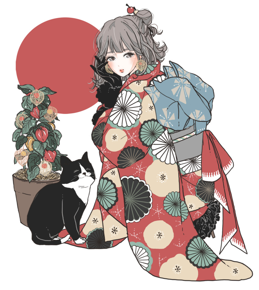 1girl animal bangs black_cat black_fur black_gloves blue_ribbon blue_sash blush cat chinese_lantern_(plant) chrysanthemum_print circle closed_eyes earrings floral_print flower fringe_trim fur-trimmed_kimono fur_trim furisode ginkou_(atmzh) gloves grey_eyes grey_hair hair_ornament hair_stick highres japanese_clothes jewelry kimono kneeling leaf light_blue_ribbon long_eyelashes long_sleeves looking_to_the_side obi original pink_lips plant potted_plant red_circle red_kimono ribbon sash short_hair simple_background sitting white_background white_cat wide_sleeves