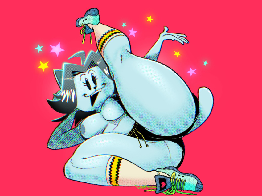 4:3 anthro areola big_breasts big_butt blue_body bottomwear breasts butt canid canine clothed clothing fangs felid feline female flexible footwear hair hi_res hotpants mammal nipples raised_leg red_background shoes shorts simple_background simple_eyes skimpy smile socks solo sweater tem temmie_(undertale) thick_thighs topless topwear undertale undertale_(series) video_games wolftang