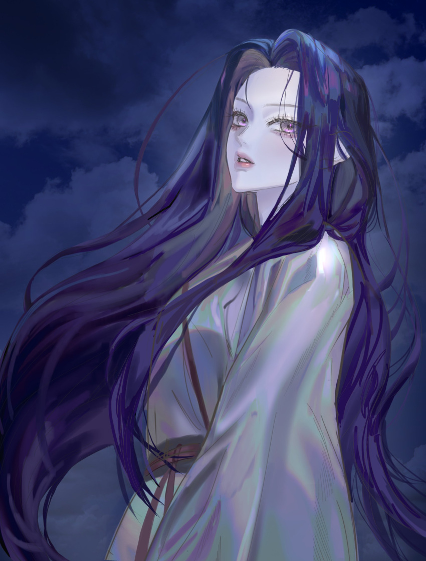 1girl absurdres black_hair cloud from_side hair_strand highres it_chaaarm62 long_hair long_sleeves night parted_lips purple_eyes return_of_the_mount_hua_sect sash sketch solo teeth uniform upper_body yu_iseol_(return_of_the_mount_hua_sect)