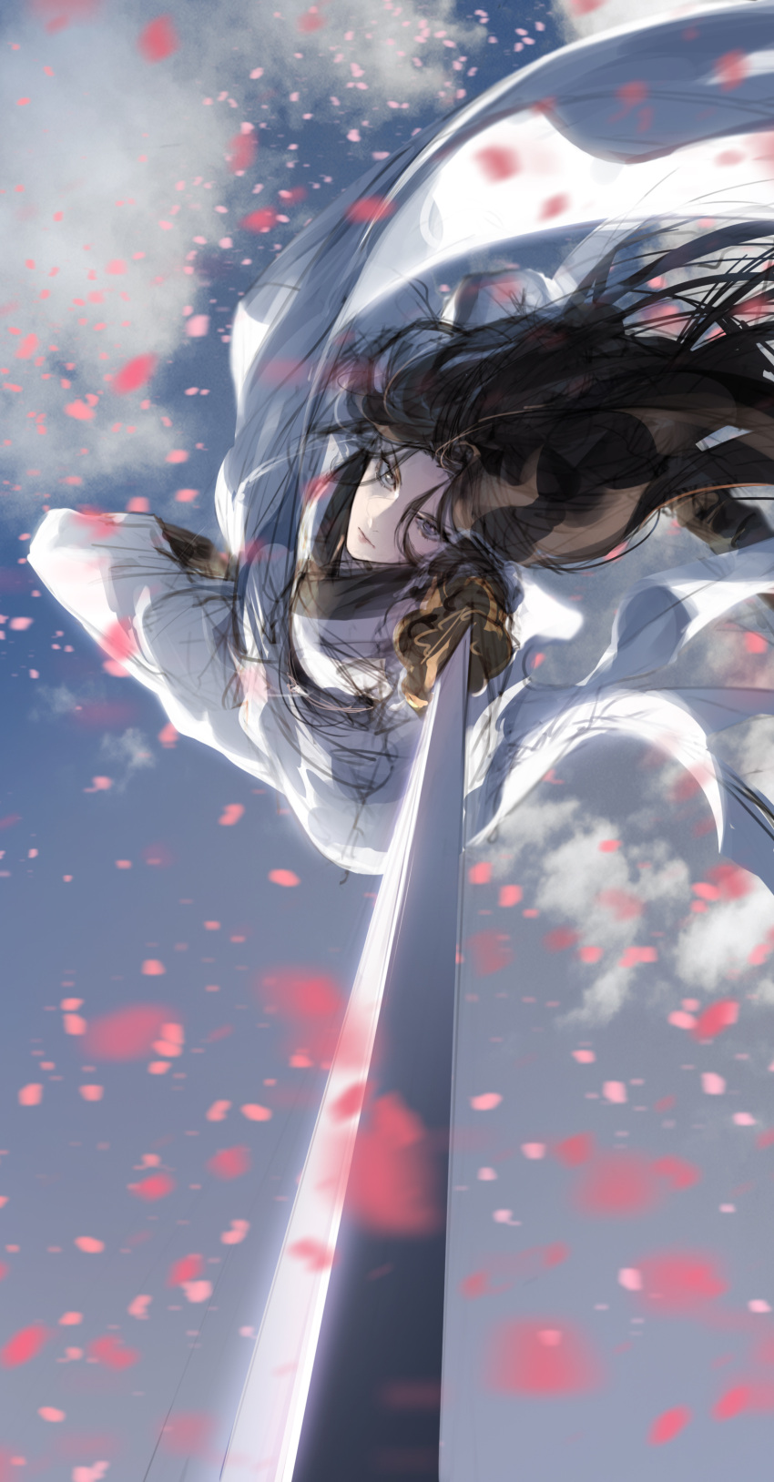 1girl absurdres black_hair blue_sky closed_mouth cloud dynamic_pose expressionless falling falling_petals from_below haban_(haban35) highres long_hair long_sleeves looking_at_viewer petals return_of_the_mount_hua_sect sketch sky sword weapon white_uniform yu_iseol_(return_of_the_mount_hua_sect)