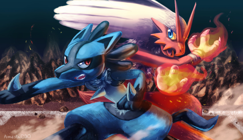 2019 3_fingers absurd_res amesta030 anthro avian bird black_body black_fur blaziken blue_body blue_fur canid canine canis eye_contact fight fingers fire fur generation_3_pokemon generation_4_pokemon hi_res looking_at_another looking_back lucario mammal nintendo open_mouth pokemon pokemon_(species) red_body signature spikes spikes_(anatomy) video_games
