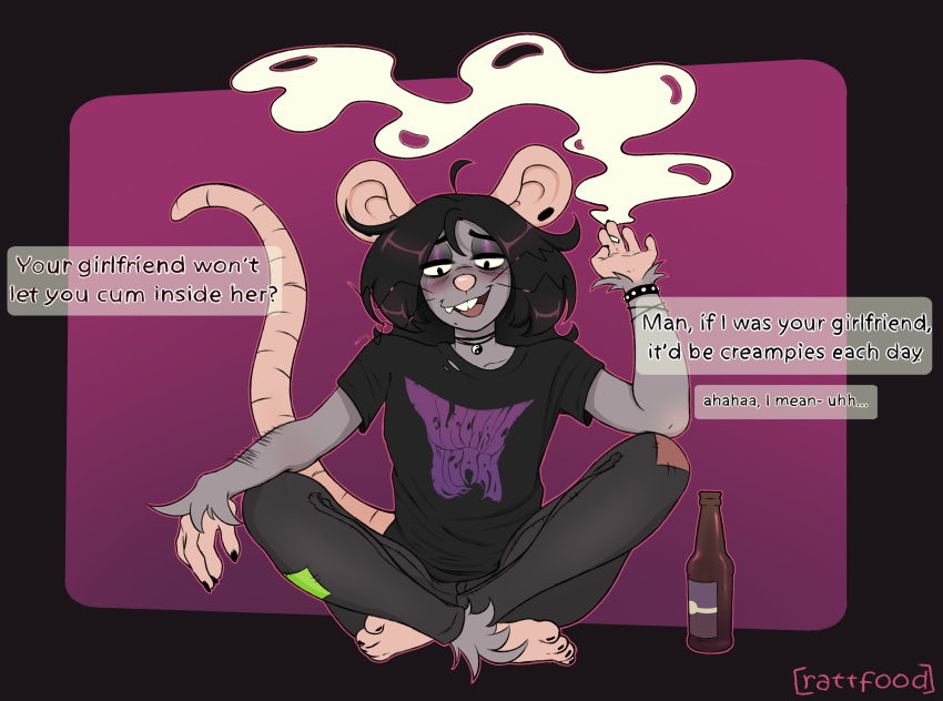 absurd_res alcohol anthro beverage clothed clothing creampie_request dialogue drunk explicit_text female glistening glistening_eyes goth hi_res infidelity looking_at_viewer mammal morgan_(rattfood) murid murine piercing rat rattfood rodent smoking solo substance_intoxication talking_to_viewer tired_eyes