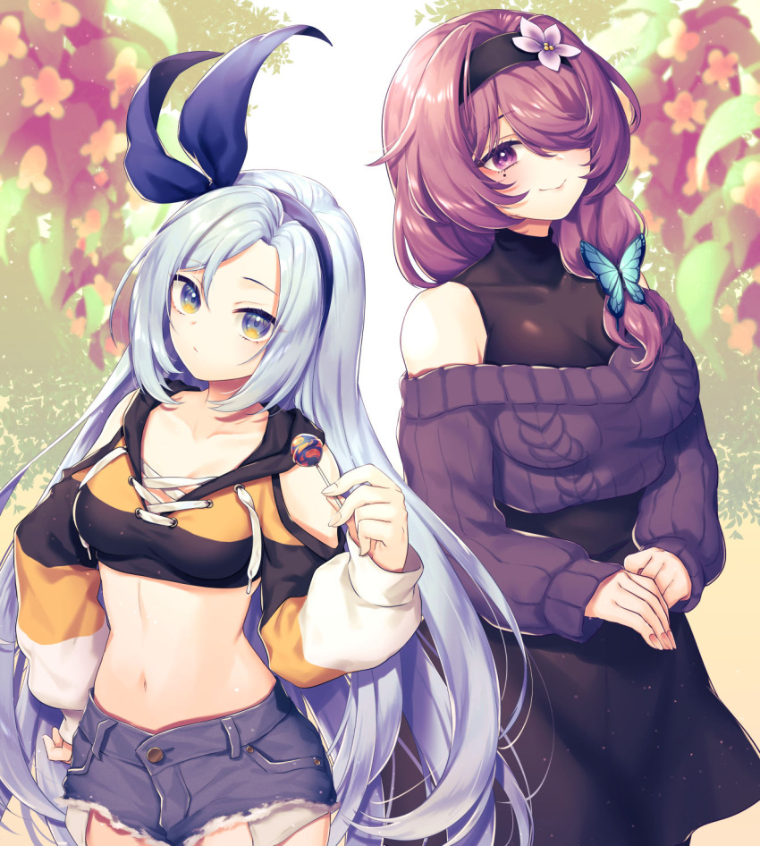 2girls aran_sweater bare_shoulders black_shirt black_skirt blue_eyes blue_hair blue_shorts breasts candy character_request closed_mouth clothing_cutout commission cowboy_shot crop_top cutoffs denim denim_shorts drawstring exposed_pocket food hair_over_one_eye hair_ribbon hairband hand_on_hip high-waist_skirt highres holding holding_candy holding_food holding_lollipop hood hood_down lollipop long_hair long_sleeves looking_at_viewer medium_breasts midriff minah_(chaesu) mole mole_under_eye multiple_girls navel off-shoulder_sweater off_shoulder original purple_eyes purple_hair purple_sweater ribbed_sweater ribbon shirt short_shorts shorts shoulder_cutout skeb_commission skirt smile standing stomach sweater tomobe_kinuko undershirt very_long_hair