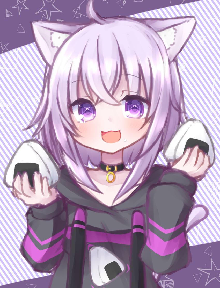 1girl ahoge animal_ear_fluff animal_ears bangs black_hoodie blush cat_ears cat_girl cat_tail commentary_request diagonal_stripes drawstring food food_on_face hair_between_eyes hands_up highres holding holding_food hololive hood hood_down hoodie horns long_sleeves nekomata_okayu oni_horns puffy_long_sleeves puffy_sleeves purple_eyes purple_hair rensei rice rice_on_face solo striped striped_background tail virtual_youtuber