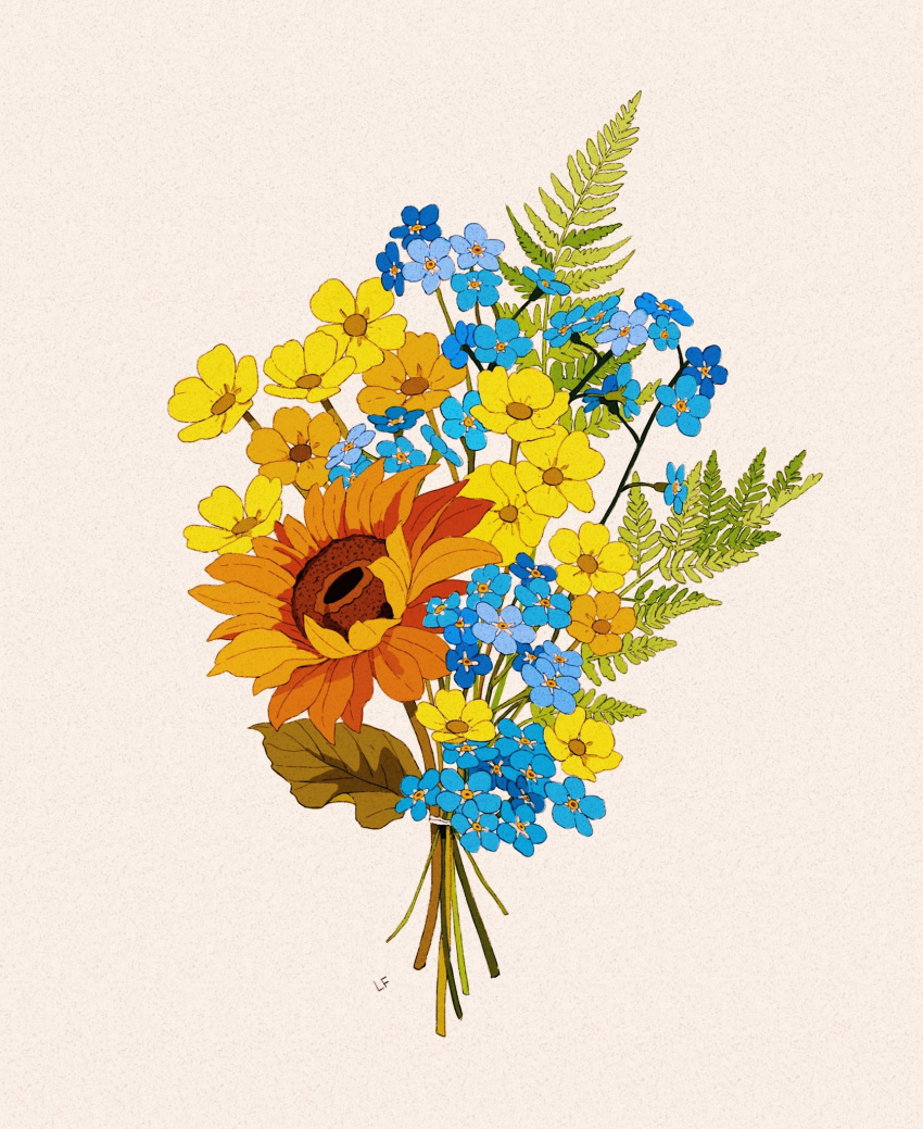 blue_flower bouquet commentary commission english_commentary fern flower forget-me-not_(flower) golden_flower_(undertale) highres leaf libbyframe no_humans plant signature simple_background still_life sunflower undertale white_background yellow_flower