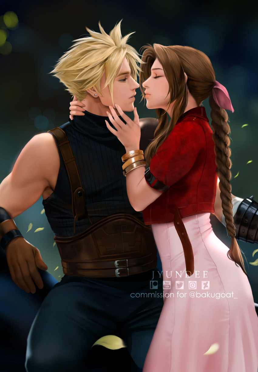 1boy 1girl absurdres aerith_gainsborough arm_around_shoulder armor artist_name bangle bangs belt blonde_hair blue_pants blue_shirt bracelet braid braided_ponytail brown_belt brown_gloves brown_hair closed_eyes cloud_strife commission couple cowboy_shot cropped_jacket dress falling_petals final_fantasy final_fantasy_vii final_fantasy_vii_remake gloves hair_ribbon half-closed_eyes hand_on_another's_chin hand_on_another's_neck hetero highres imminent_kiss jacket jewelry jyundee long_dress long_hair looking_at_another multiple_belts pants parted_bangs parted_lips petals pink_dress pink_ribbon red_jacket ribbon shirt short_hair short_sleeves shoulder_armor sidelocks single_bare_shoulder sleeveless sleeveless_turtleneck spiked_hair toned toned_male turtleneck wavy_hair