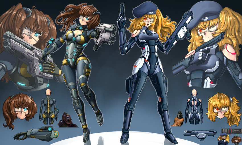 2girls arm_cannon beret blonde_hair blue_eyes brown_hair cyberpunk cyborg doom_(2016) doom_(game) doom_(series) english_commentary eyepatch gun hat highres holding holding_gun holding_weapon joints looking_at_viewer medical_eyepatch multiple_girls personification red_eyes reference_sheet robot_joints side_ponytail substance20 trigger_discipline weapon zoom_layer