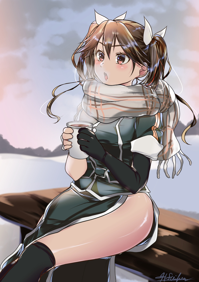 1girl absurdres black_gloves brown_hair cup disposable_cup elbow_gloves feet_out_of_frame gloves hair_between_eyes hair_ribbon highres holding holding_cup kantai_collection long_hair matsurika_(harusutain) open_mouth outdoors pelvic_curtain plaid plaid_scarf ribbon scarf side_slit single_elbow_glove single_glove sitting solo steam tone_(kancolle) tone_kai_ni_(kancolle) twintails white_ribbon