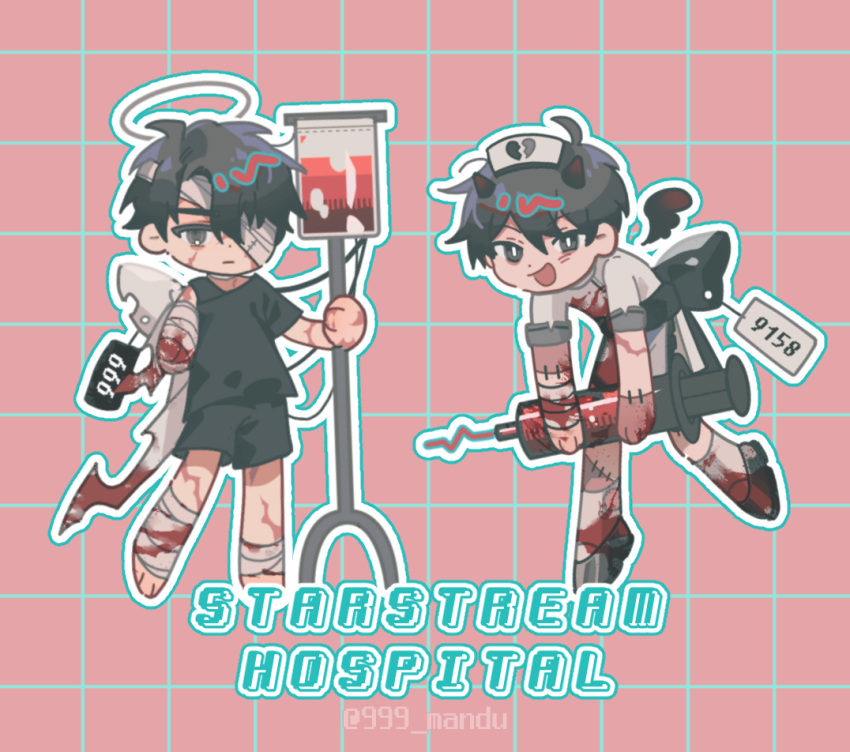 2boys 999_mandu amputee bandage_over_one_eye bandaged_arm bandaged_leg bandages bangs black_eyes black_footwear black_hair black_shirt black_shorts blood blood_on_arm blood_on_hands blood_on_leg bright_pupils broken_heart chibi closed_mouth commentary english_text full_body grid_background hair_between_eyes halo holding holding_syringe horns intravenous_drip iv_stand kim_dokja large_syringe looking_at_viewer male_focus multiple_boys omniscient_reader's_viewpoint open_mouth oversized_object pink_background shirt shoes short_hair shorts standing stitches symbol-only_commentary syringe twitter_username white_pupils white_shirt wings yoo_joonghyuk