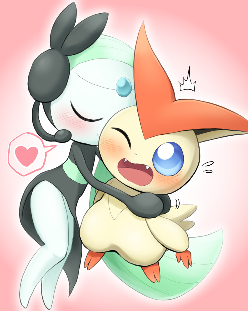 &lt;3 4:5 blush duo female generation_5_pokemon hi_res kissing legendary_pokemon male meloetta meloetta_(aria_form) nervous nintendo pokemon pokemon_(species) smile surprise victini video_games vitamin_t