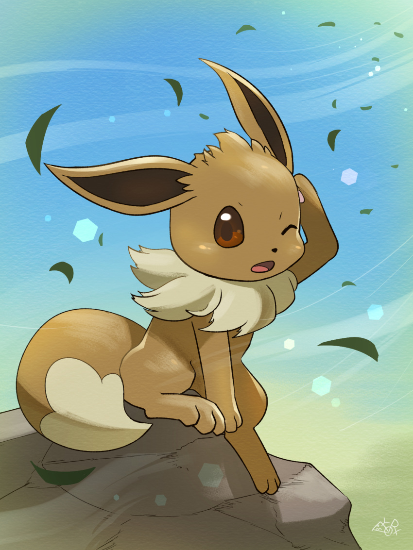 2022 3:4 3_toes black_nose blue_background brown_body brown_ears brown_eye brown_fur brown_tail colored digital_media_(artwork) digital_painting_(artwork) dipstick_tail eevee feet female feral fur fur_collar generation_1_pokemon glistening glistening_eyes hakkentai_pkdn hi_res leaf looking_at_viewer markings nintendo one_eye_closed open_mouth pawpads paws pokemon pokemon_(species) raised_paw rock shadow signature simple_background sitting solo tail_markings toes tongue video_games white_body white_fur white_tail_tip wind