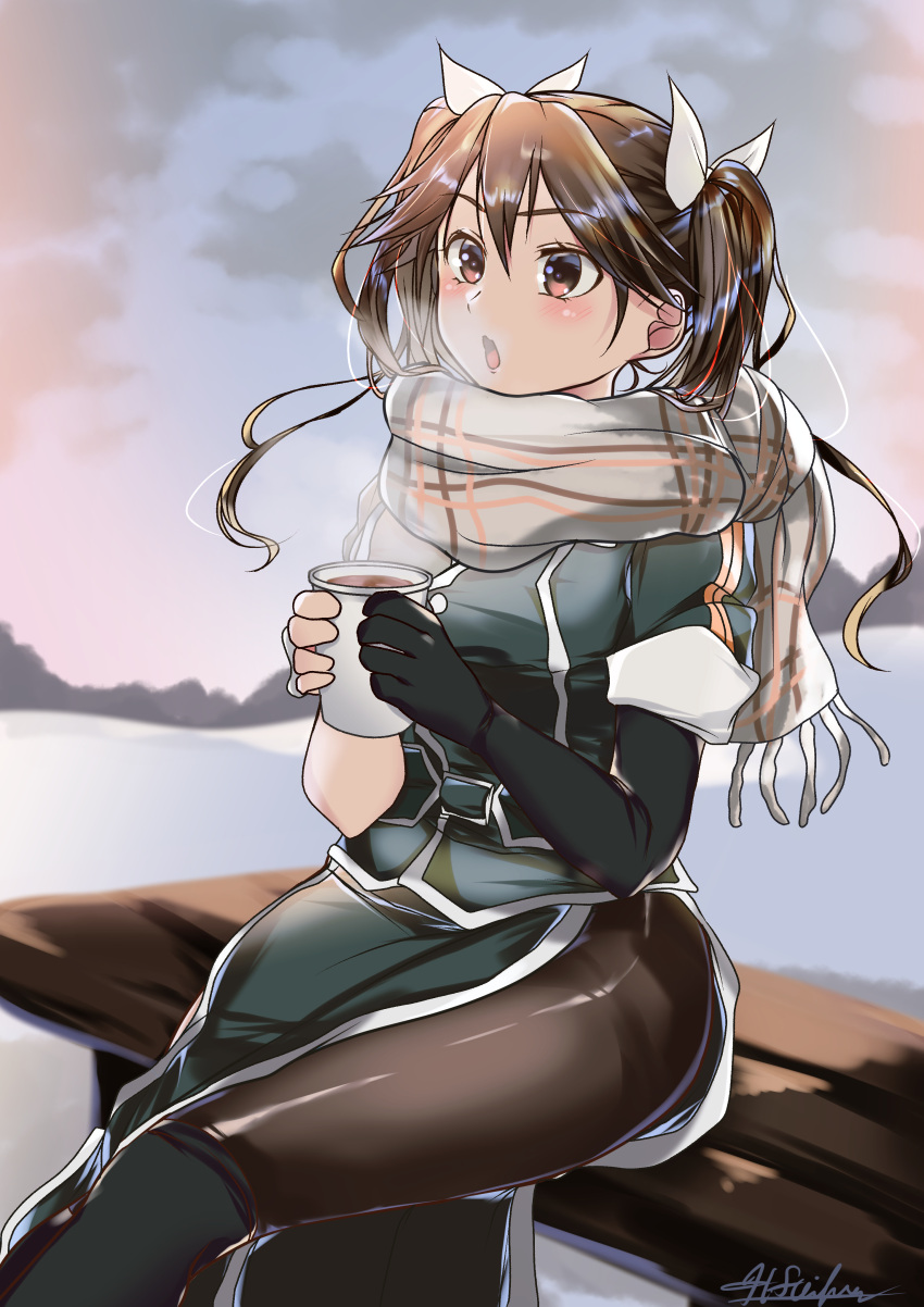 1girl absurdres alternate_legwear black_gloves black_pantyhose brown_hair cup disposable_cup elbow_gloves feet_out_of_frame gloves hair_between_eyes hair_ribbon highres holding holding_cup kantai_collection long_hair matsurika_(harusutain) open_mouth outdoors pantyhose pelvic_curtain plaid plaid_scarf ribbon scarf side_slit single_elbow_glove single_glove sitting solo steam thighband_pantyhose tone_(kancolle) tone_kai_ni_(kancolle) twintails white_ribbon